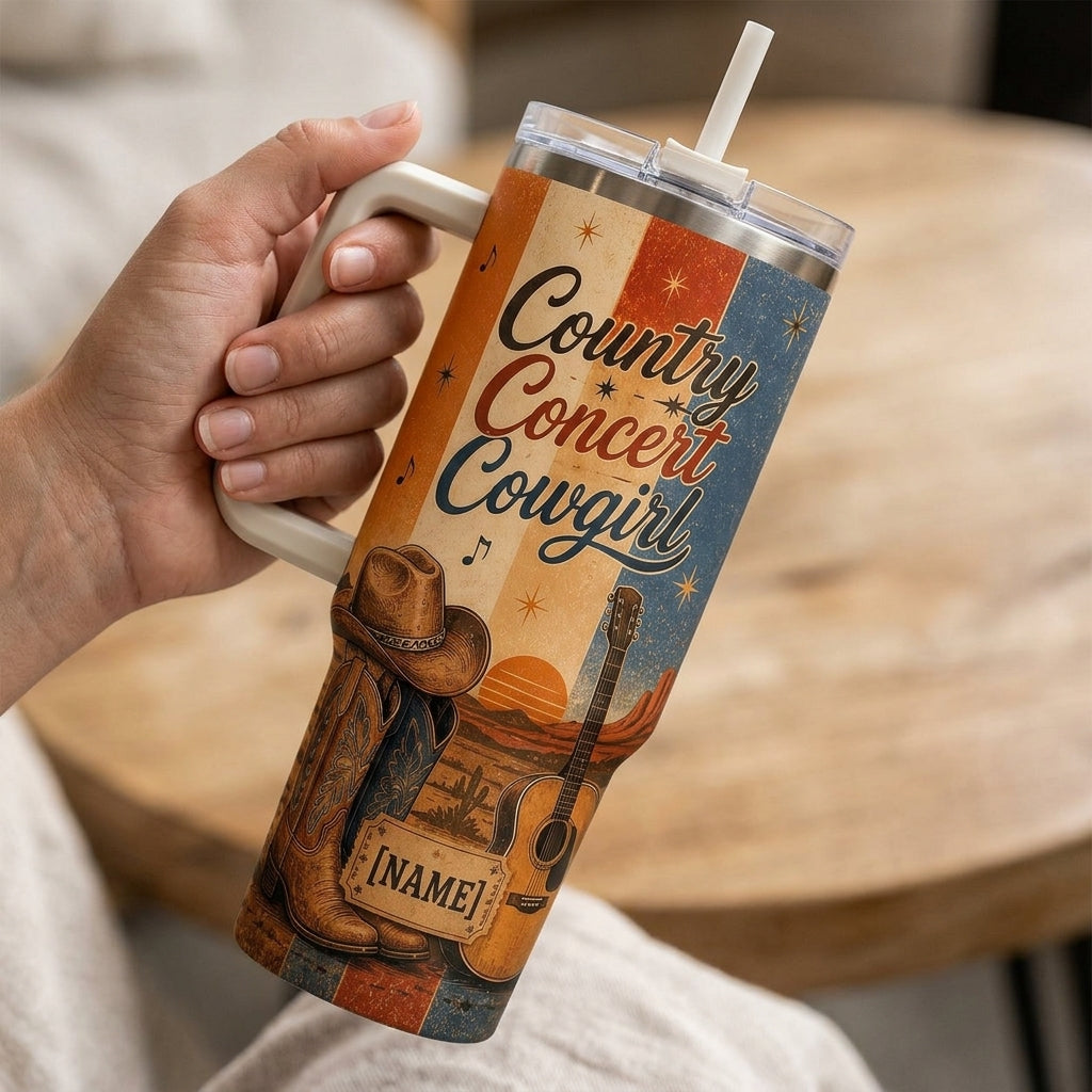 Personalized Country Concert Cowgirl 40oz Tumbler with Handle - Custom Name Western Travel Mug