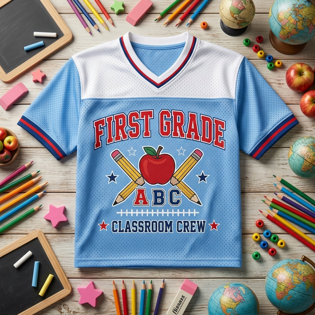 Personalized First Grade Classroom Crew Football Jersey - Custom Name Teacher Spirit Shirt