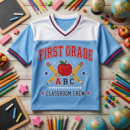 Personalized First Grade Classroom Crew Football Jersey - Custom Name Teacher Spirit Shirt