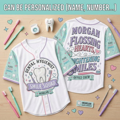 Personalized Dental Hygienist Smile Squad Baseball Jersey - Custom Name Dental Assistant Office Crew Gift