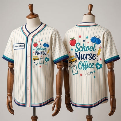 Personalized School Nurse Office Baseball Jersey - Custom Name Button Up Shirt for School Nursing Staff & Health Heroes