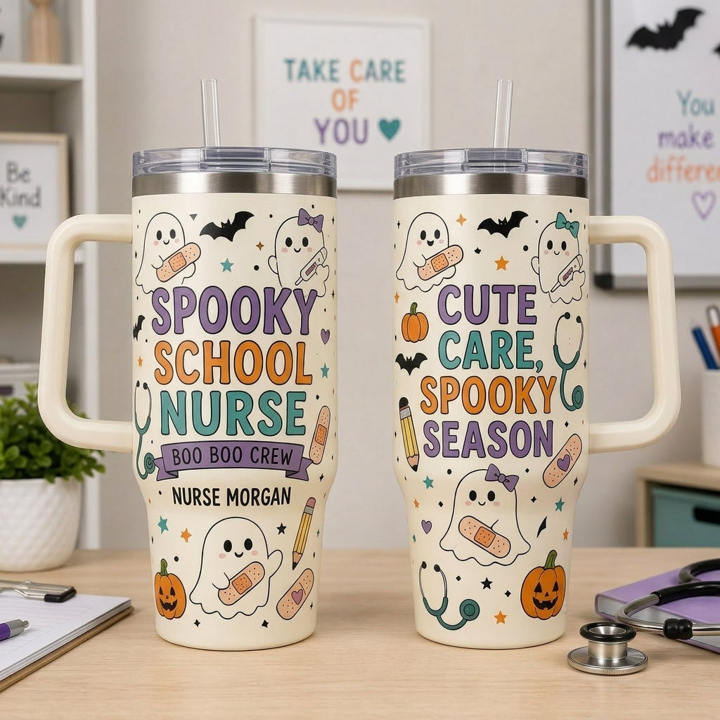 Personalized Spooky School Nurse 40oz Tumbler with Handle - Custom Boo Boo Crew Halloween Gift