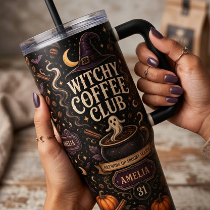 Personalized Witchy Coffee Club 40oz Tumbler with Handle - Custom Halloween Name & Age Gift