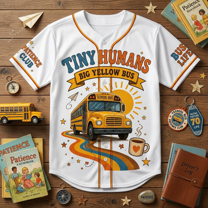 Personalized School Bus Driver Baseball Jersey - Custom Name and Number Tiny Humans Big Yellow Bus Gift