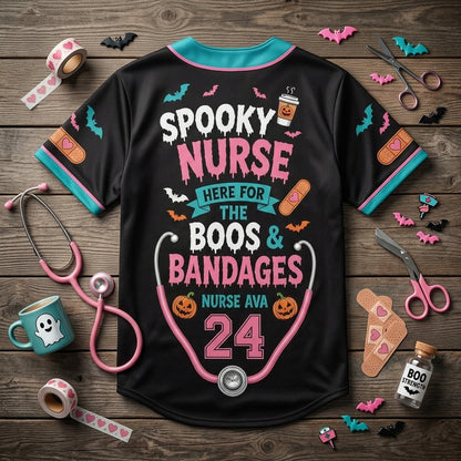 Personalized Spooky Nurse Baseball Jersey - Custom Name & Number Halloween Shirt - Here for the Boos and Bandages
