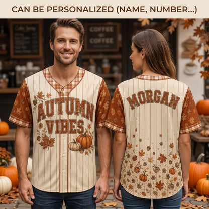 Personalized Autumn Vibes Fall Baseball Jersey - Custom Name Pumpkin & Leaf Print Button Down