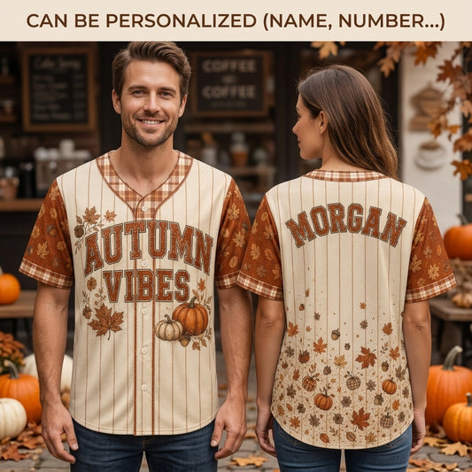 Personalized Autumn Vibes Fall Baseball Jersey - Custom Name Pumpkin & Leaf Print Button Down