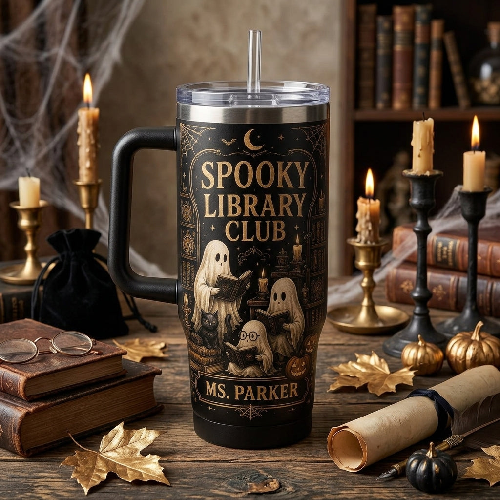 Personalized Spooky Library Club 40oz Tumbler with Handle - Custom Name Ghost Bookworm Gift for Librarians & Teachers