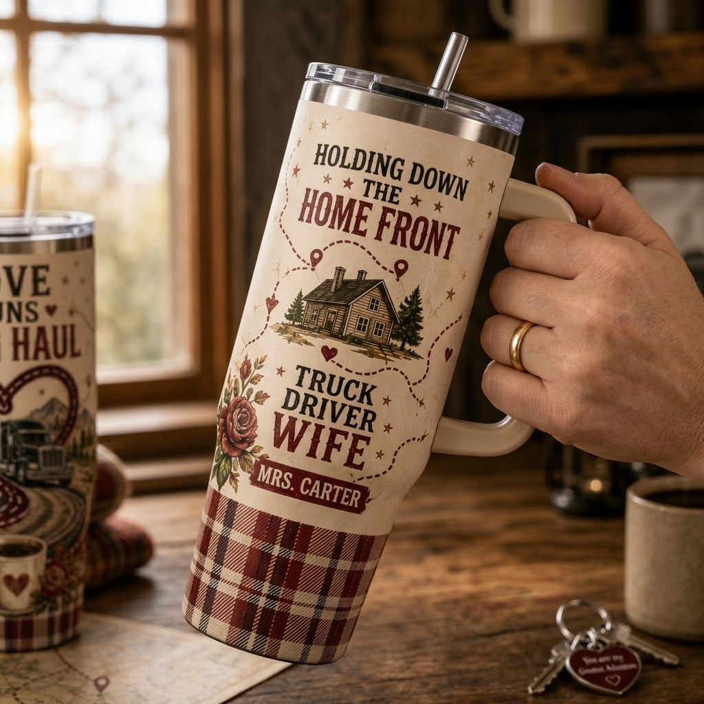 Personalized Truck Driver Wife 40oz Tumbler with Handle - Love Runs Long Haul Custom Name Travel Mug