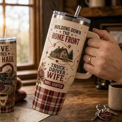 Personalized Truck Driver Wife 40oz Tumbler with Handle - Love Runs Long Haul Custom Name Travel Mug