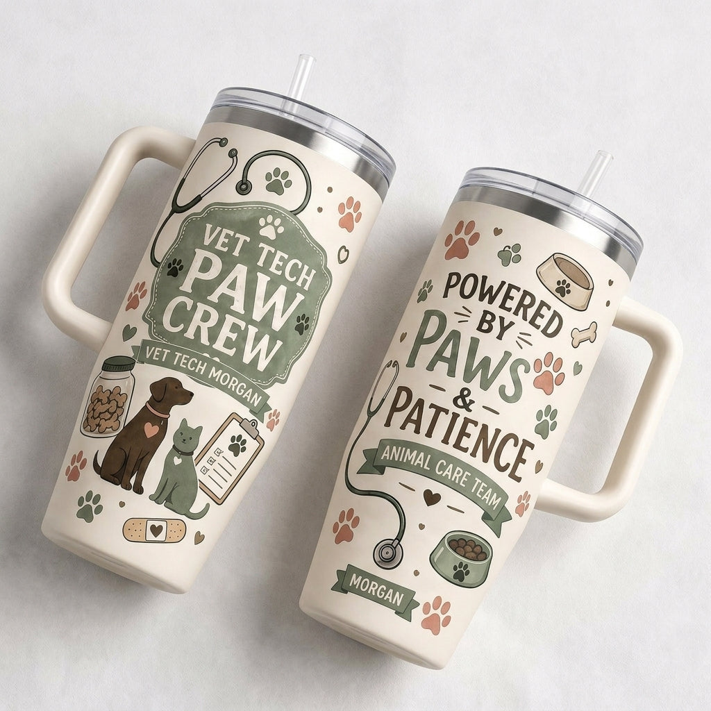 Personalized Vet Tech Paw Crew 40oz Tumbler with Handle - Custom Name Veterinary Gift for Animal Care Team
