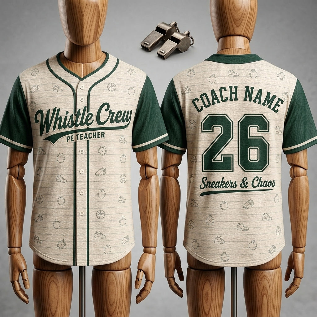 Personalized PE Teacher Baseball Jersey - Custom Coach Name Whistle Crew Sport Shirt for Gym Teachers