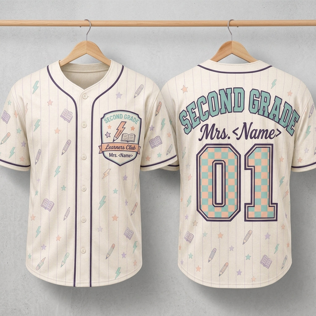 Personalized Second Grade Teacher Baseball Jersey - Custom Name Learners Club Back to School Shirt