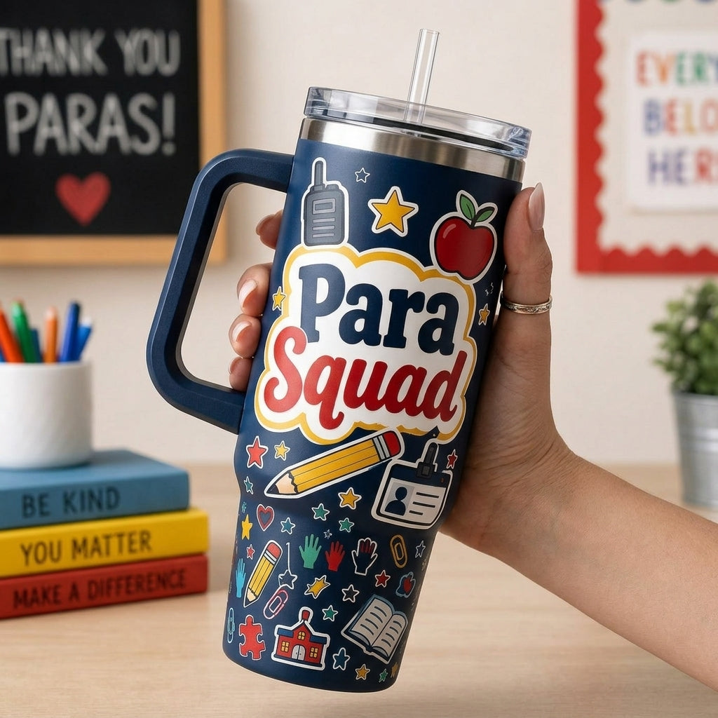 Personalized Para Squad 40oz Tumbler with Handle - Custom Name Paraprofessional Appreciation Gift