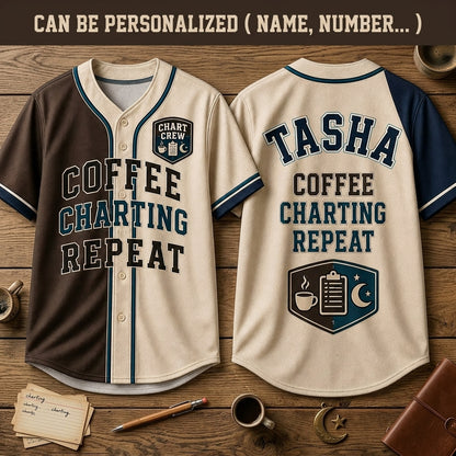 Personalized Coffee Charting Repeat Baseball Jersey - Custom Name Medical Crew Apparel
