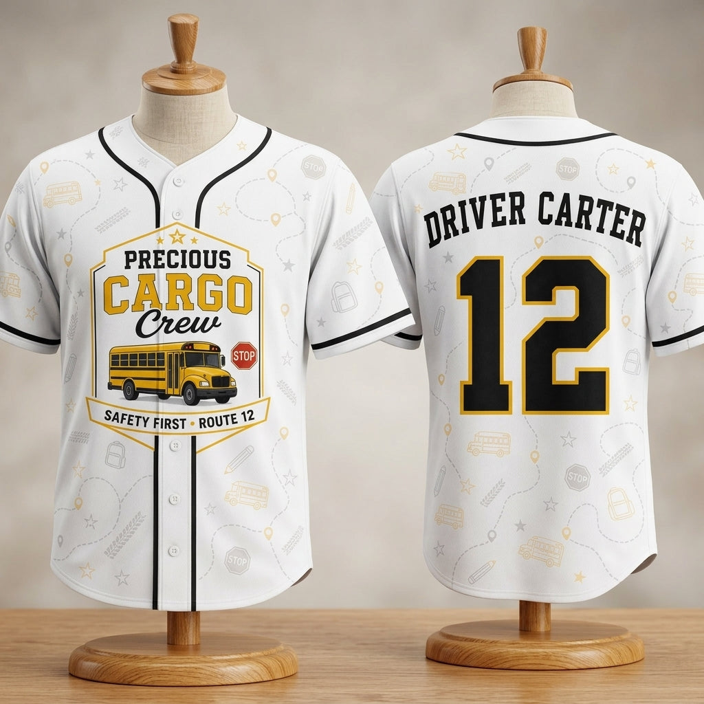 Personalized School Bus Driver Baseball Jersey - Precious Cargo Crew Custom Name & Number Shirt