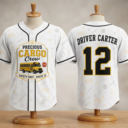 Personalized School Bus Driver Baseball Jersey - Precious Cargo Crew Custom Name & Number Shirt