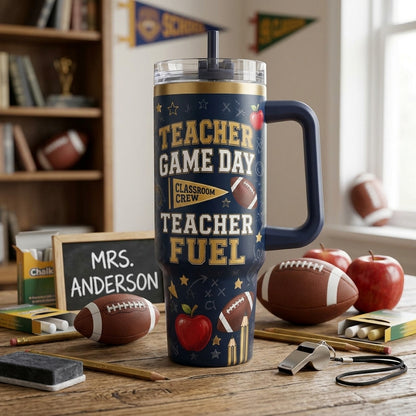 Personalized Teacher Game Day 40oz Tumbler with Handle - Custom Name Football & Classroom Crew Gift