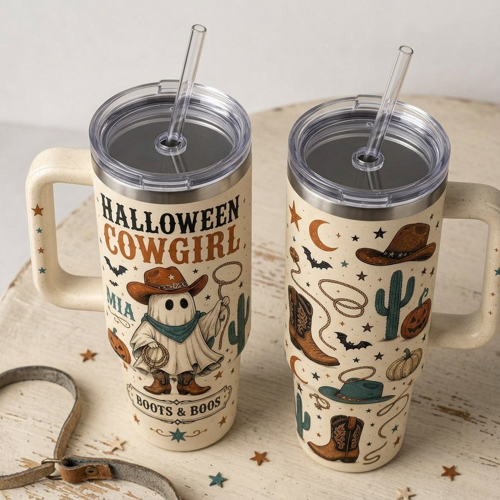 Personalized Halloween Cowgirl 40oz Tumbler with Handle - Custom Name Boots & Boos Western Spooky Gift