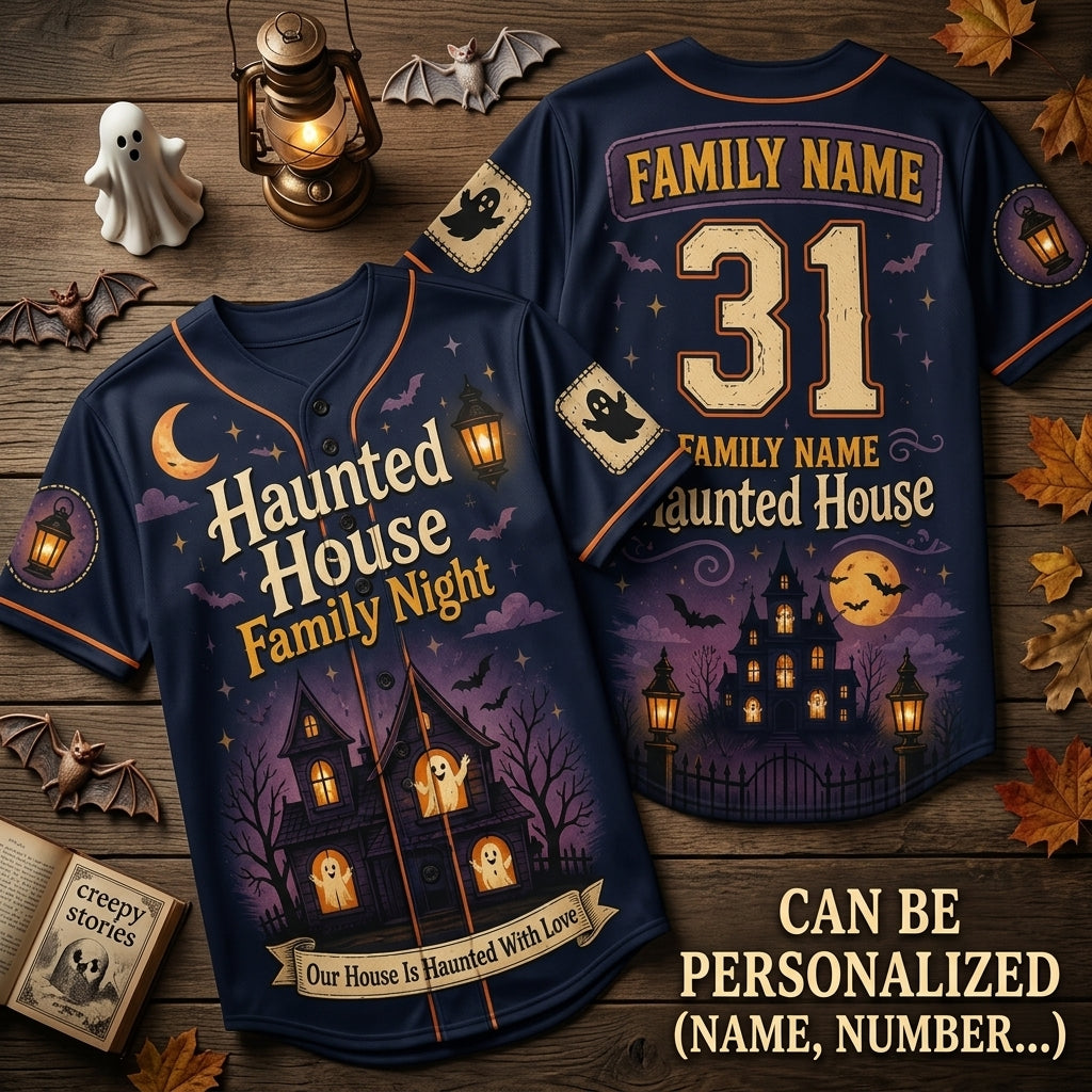 Personalized Haunted House Family Night Baseball Jersey - Custom Spooky Halloween Family Team Uniform