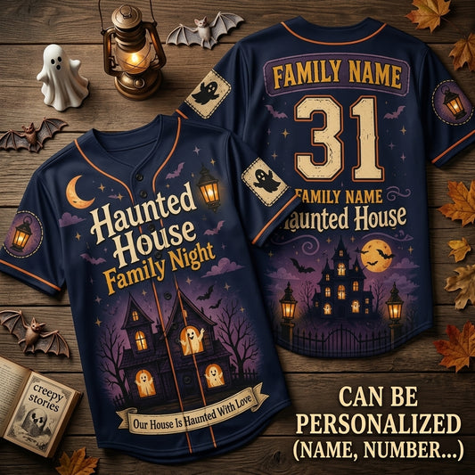Personalized Haunted House Family Night Baseball Jersey - Custom Spooky Halloween Family Team Uniform