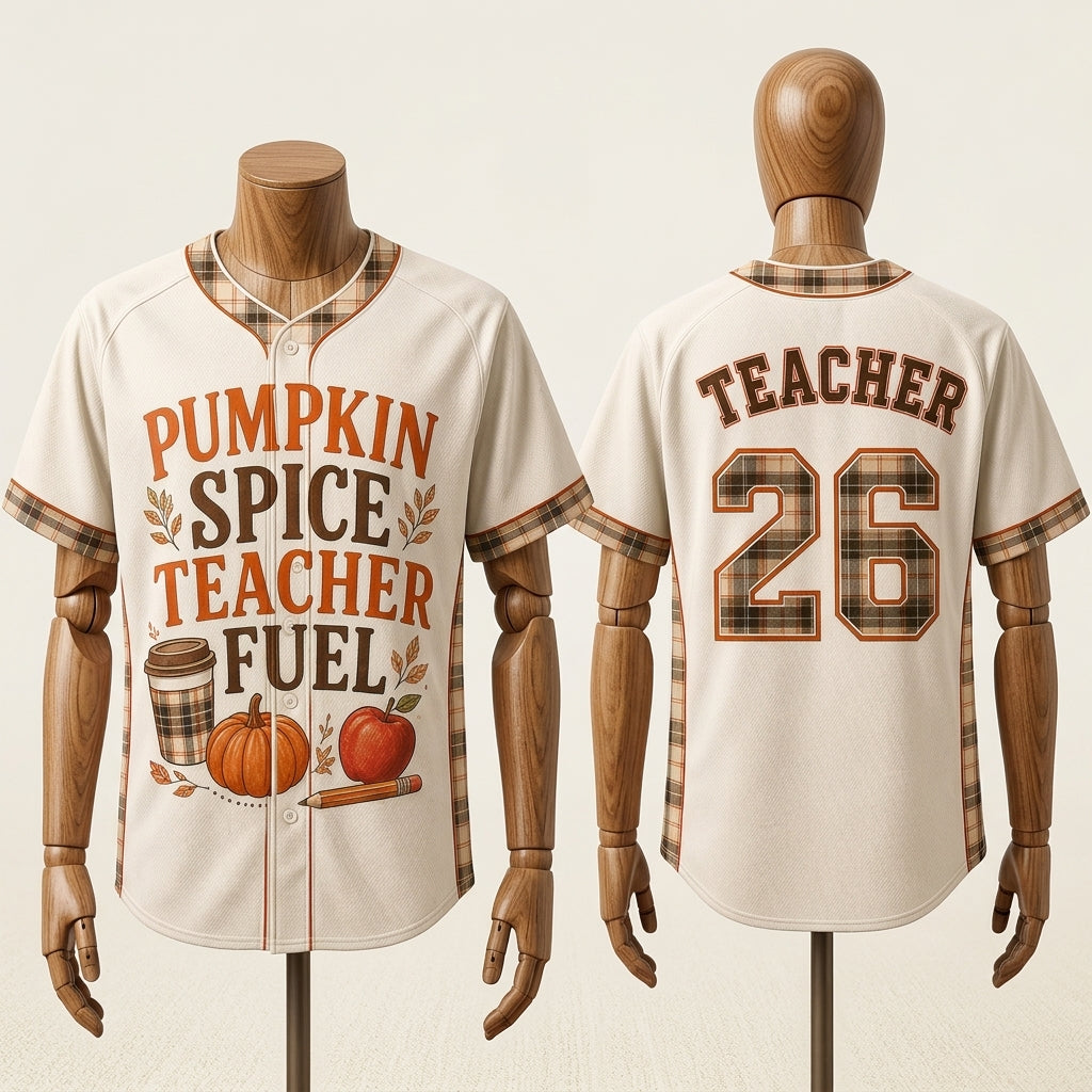 Personalized Pumpkin Spice Teacher Fuel Baseball Jersey - Custom Name & Number Fall Autumn Teacher Gift