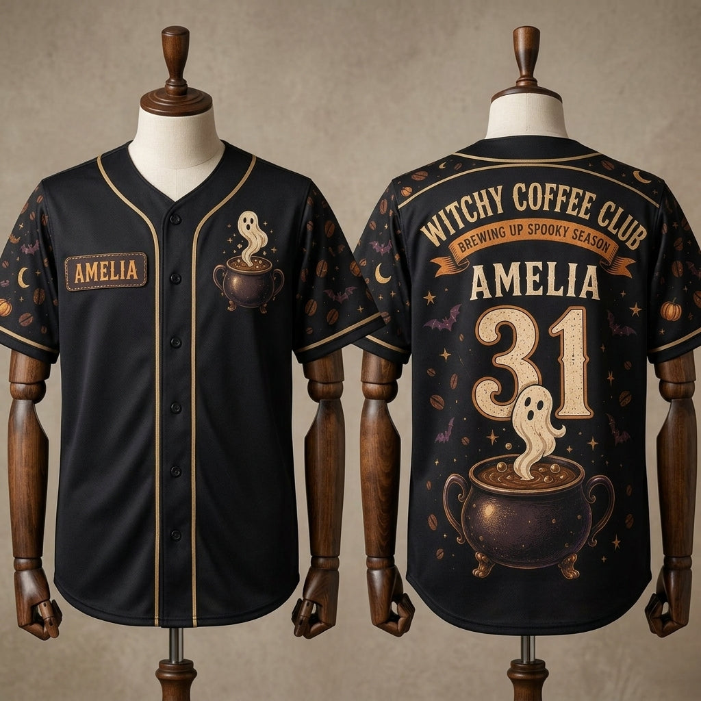 Personalized Witchy Coffee Club Baseball Jersey - Custom Name and Number Spooky Season Gift