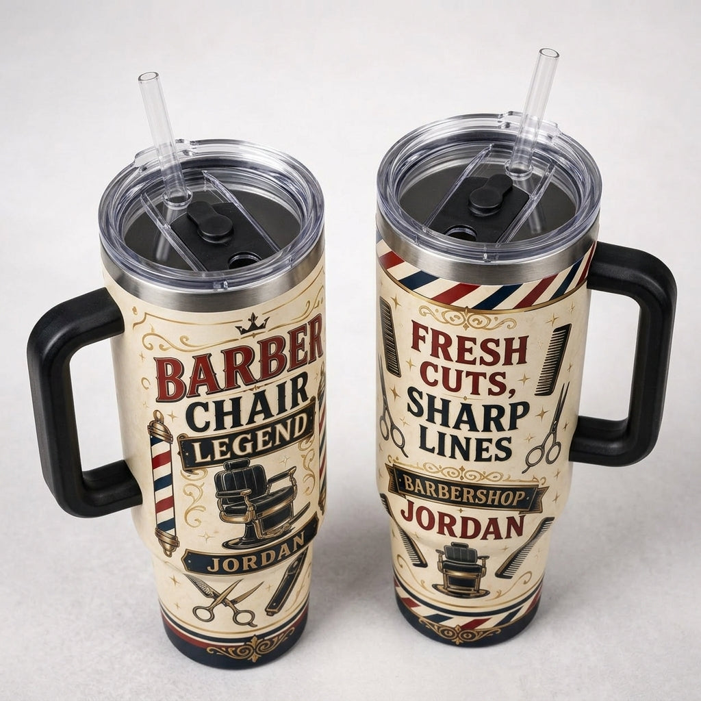 Personalized Barber Chair Legend 40oz Tumbler with Handle - Custom Name Barbershop Gift