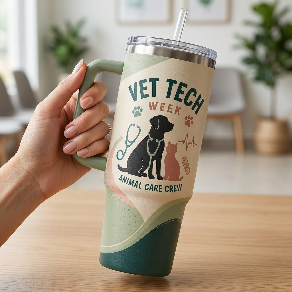 Personalized Vet Tech Week 40oz Tumbler with Handle - Custom Name Animal Care Crew Gift
