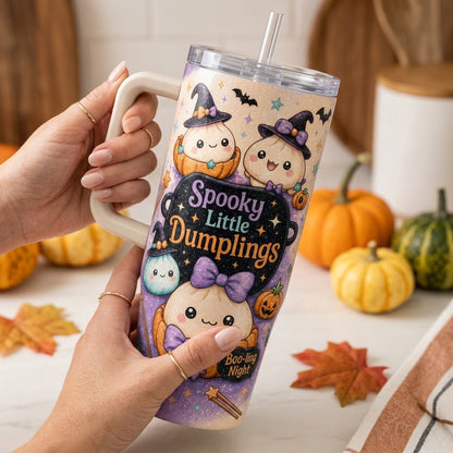 Personalized Spooky Little Dumplings 40oz Tumbler with Handle - Custom Name Kawaii Halloween Witch Dumpling Insulated Mug