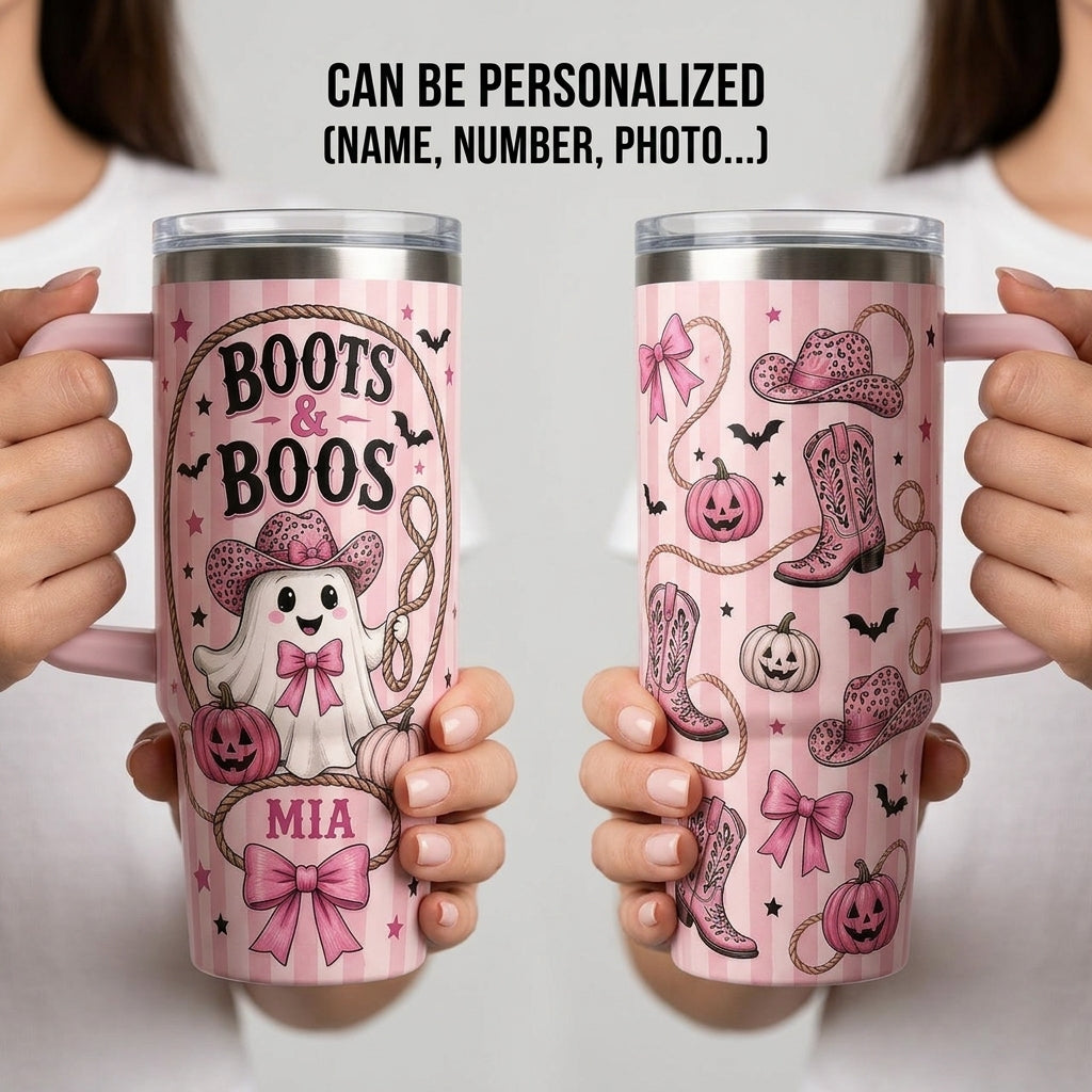 Personalized Boots & Boos Pink Western Halloween 40oz Tumbler with Handle, Custom Name Cowgirl Ghost Gift
