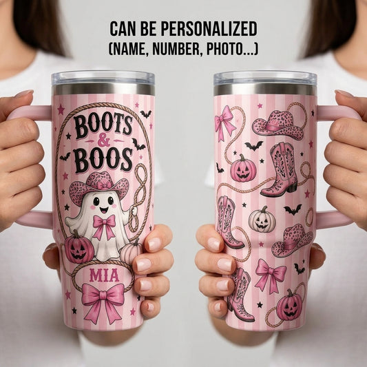 Personalized Boots & Boos Pink Western Halloween 40oz Tumbler with Handle, Custom Name Cowgirl Ghost Gift