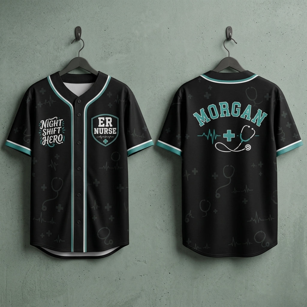 Personalized ER Nurse Night Shift Hero Baseball Jersey - Custom Name Medical Professional Athletic Shirt