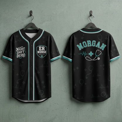 Personalized ER Nurse Night Shift Hero Baseball Jersey - Custom Name Medical Professional Athletic Shirt