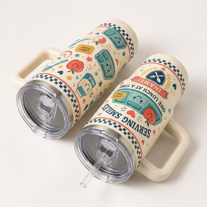 Personalized Serving Smiles One Lunch At A Time 40oz Tumbler with Handle - Custom Lunch Lady Appreciation Gift - 40oz tumbler mockup 5