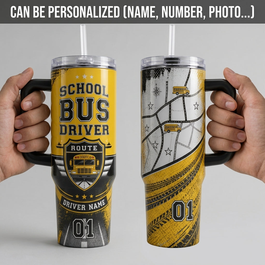Personalized School Bus Driver 40oz Tumbler with Handle - Custom Name Yellow Bus Appreciation Gift