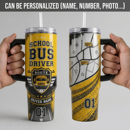 Personalized School Bus Driver 40oz Tumbler with Handle - Custom Name Yellow Bus Appreciation Gift