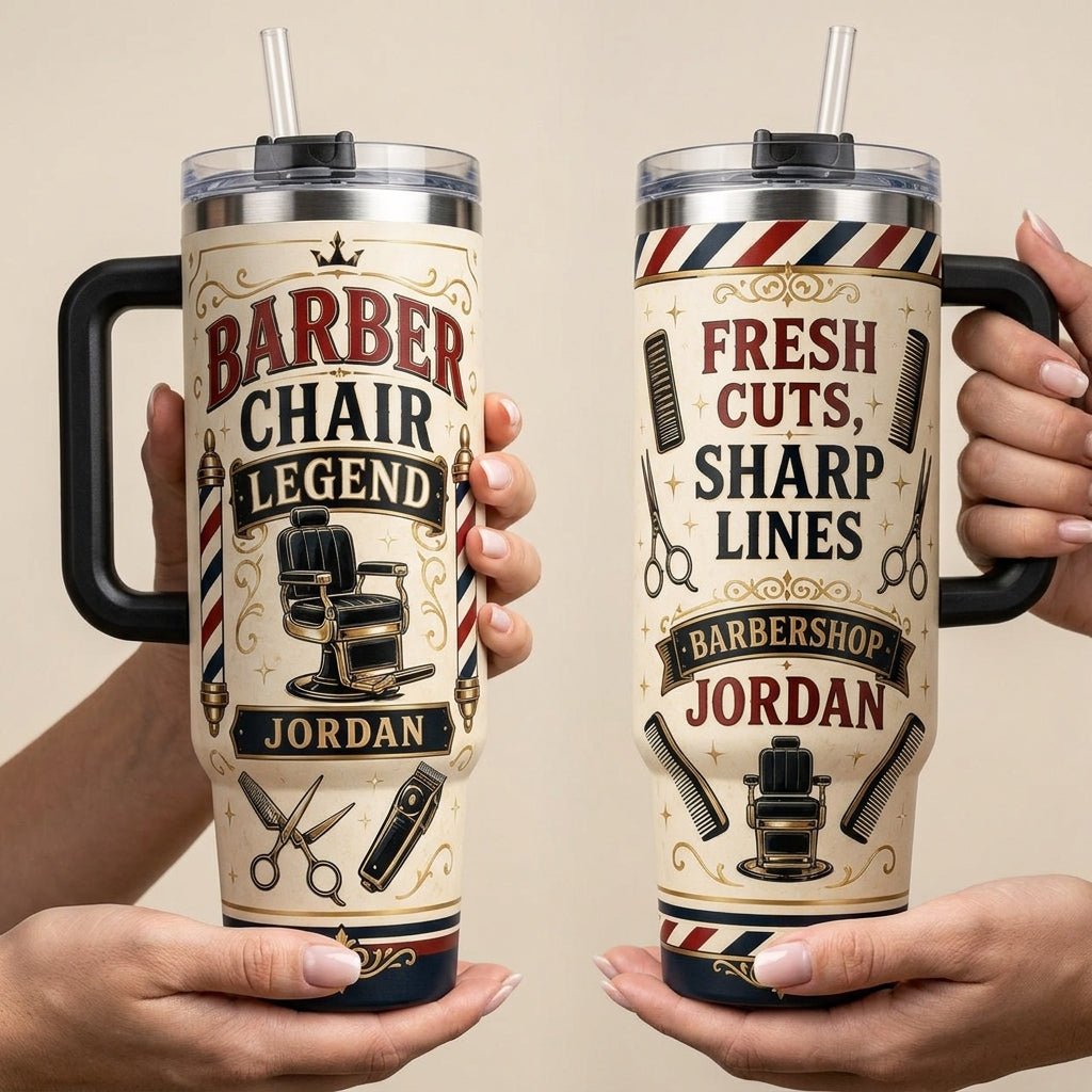 Personalized Barber Chair Legend 40oz Tumbler with Handle - Custom Name Barbershop Gift