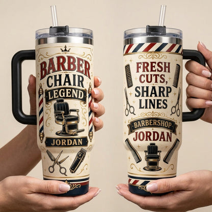 Personalized Barber Chair Legend 40oz Tumbler with Handle - Custom Name Barbershop Gift