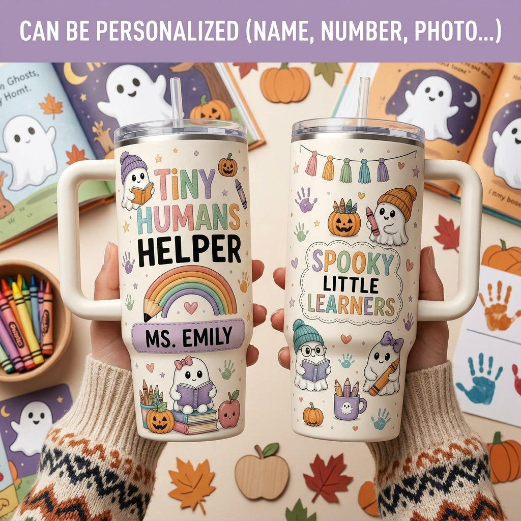 Personalized Tiny Humans Helper 40oz Tumbler with Handle, Spooky Little Learners Halloween Teacher Gift