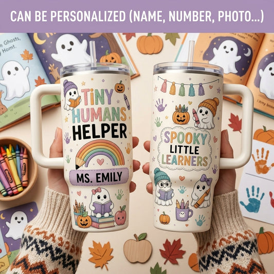 Personalized Tiny Humans Helper 40oz Tumbler with Handle, Spooky Little Learners Halloween Teacher Gift