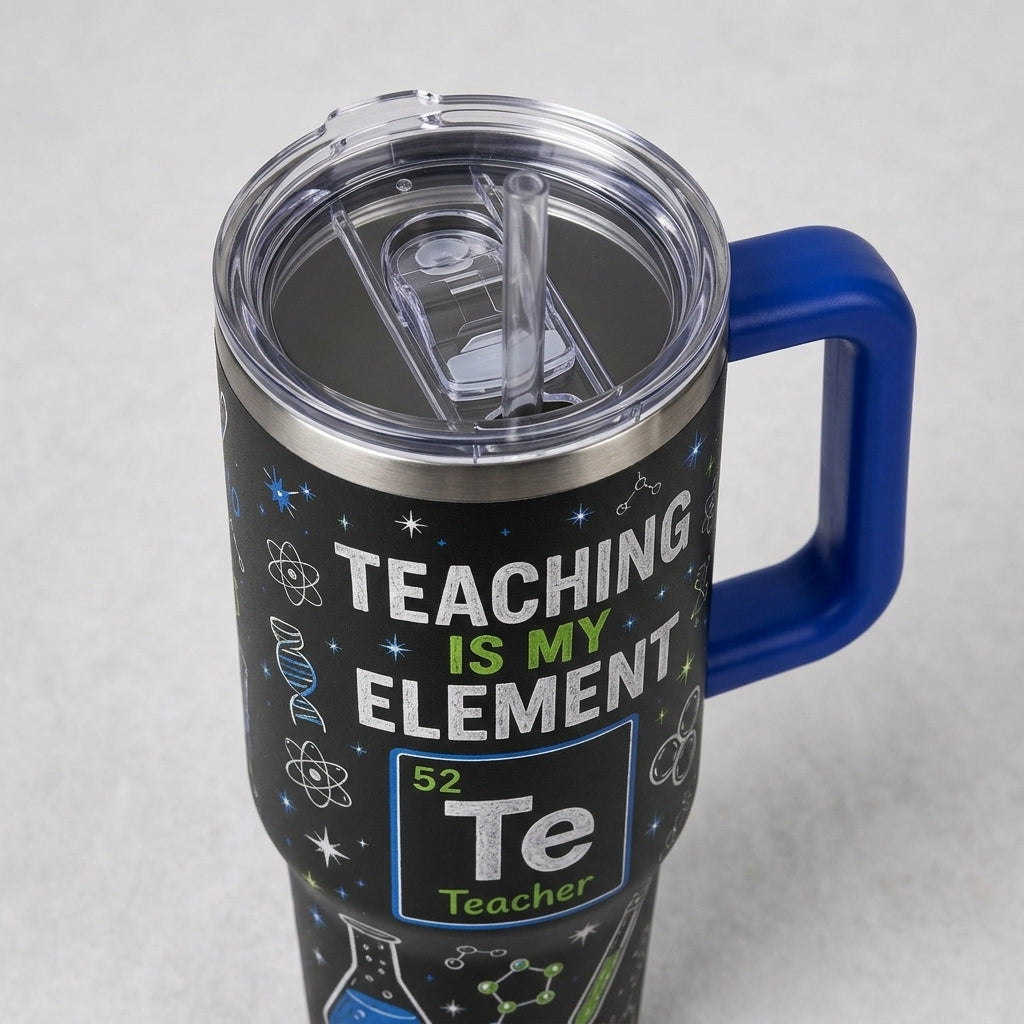 Personalized Science Teacher 40oz Tumbler with Handle, Custom Name Teaching Is My Element Chemistry Gift for Educators