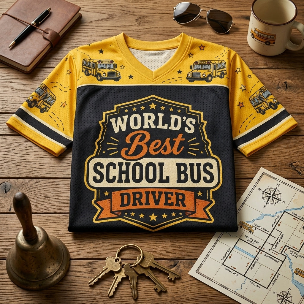 Personalized World's Best School Bus Driver Football Jersey - Custom Name and Number Mesh Sports Shirt