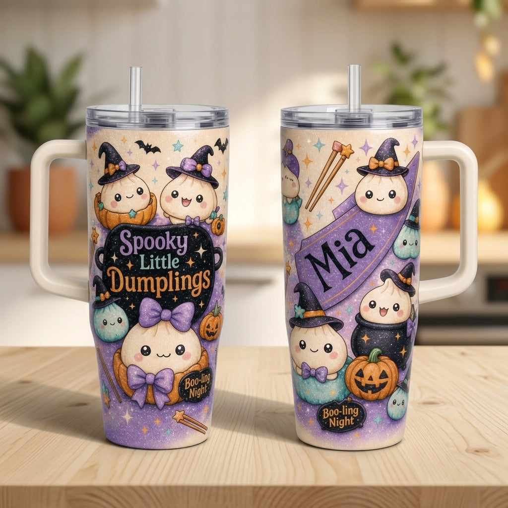 Personalized Spooky Little Dumplings 40oz Tumbler with Handle - Custom Name Kawaii Halloween Witch Dumpling Insulated Mug