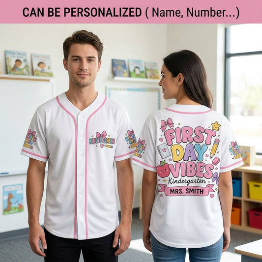 Personalized First Day Vibes Kindergarten Baseball Jersey - Custom Name Kinder Crew Teacher Shirt