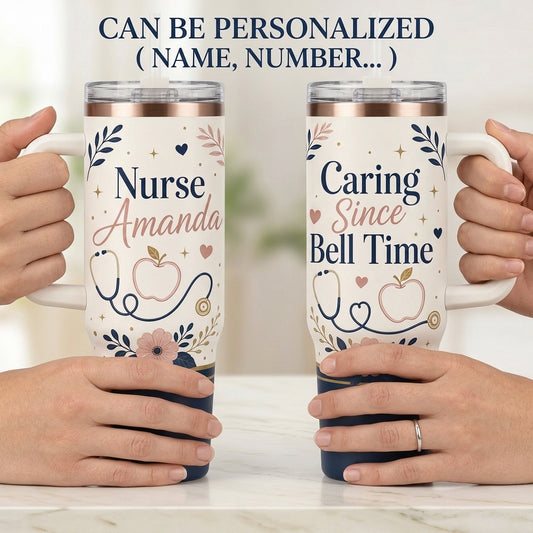 Personalized Nurse 40oz Tumbler with Handle - Custom Name Healthcare Gift - Caring Since Bell Time