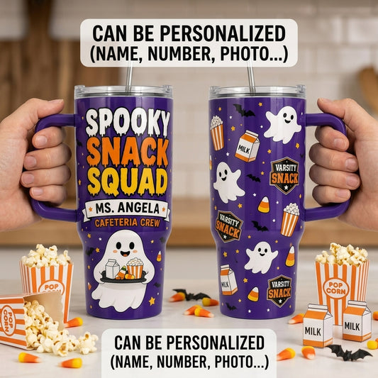 Personalized Spooky Snack Squad 40oz Tumbler with Handle - Custom Name Cafeteria Crew Halloween Cup