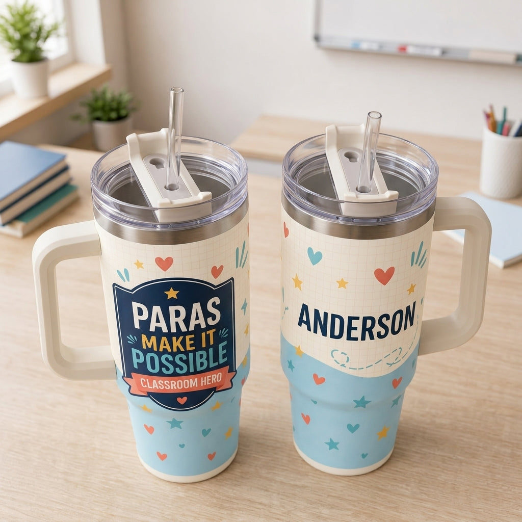 Personalized Paras Make It Possible 40oz Tumbler with Handle, Custom Teacher Assistant Classroom Hero Gift - 40oz tumbler mockup 5