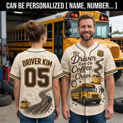 Personalized School Bus Driver Baseball Jersey - Custom Name & Number Coffee and Chaos Shirt