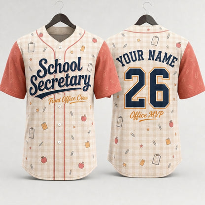 Personalized School Secretary Baseball Jersey - Custom Name Front Office Crew MVP Shirt